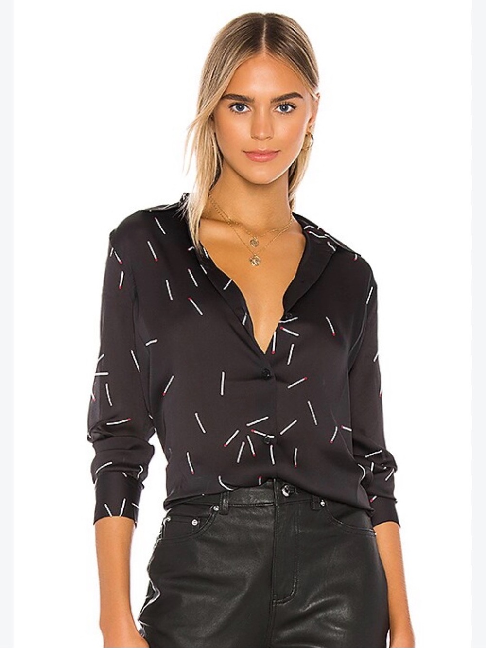 Equipment Black Button-Down Shirt with Tiny White and Red Dash Print